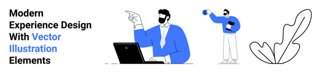 Man working on laptop and person holding a globe with plant doodle. Ideal for UXUI, business, productivity, education, environmental, teamwork, modern design, flat landing page banner