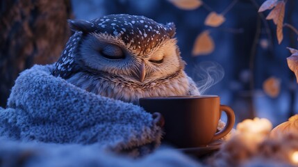 Cozy Owl Symbolizing Sleep Wrapped in Blanket with Hot Drink Representing Relaxation, Comfort, Nighttime Serenity, Rest, Tranquility, Dreamy Atmosphere in Peaceful Nature, Meditative Lifestyle Illustr