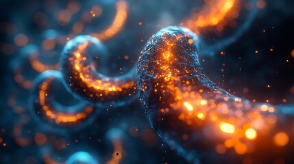 Futuristic glowing cell clusters arranged in an artistic spiral pattern with deep blue and orange tones