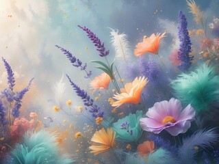 A tranquil and serene abstract landscape filled with a variety of colorful flora and vibrant hues