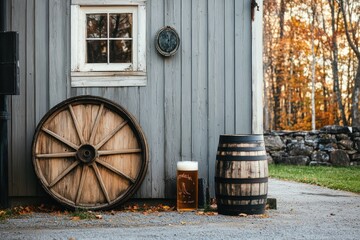 Autumnal Brewery Scene: Wooden Wheel, Barrel, and Beer