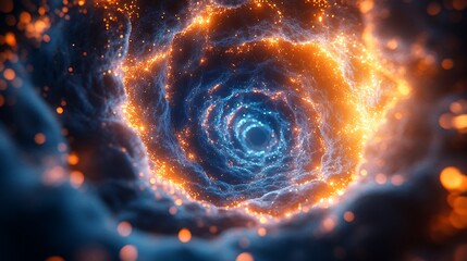 Obraz premium Futuristic glowing cell clusters arranged in an artistic spiral pattern with deep blue and orange tones