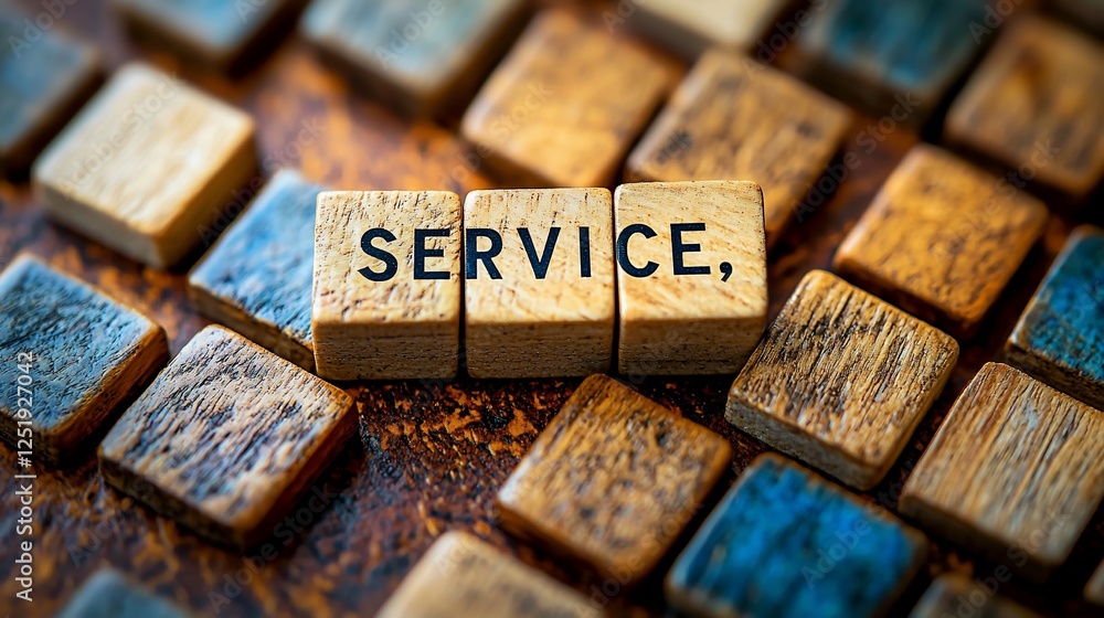 Poster wooden blocks spelling service; concept; business; support; background