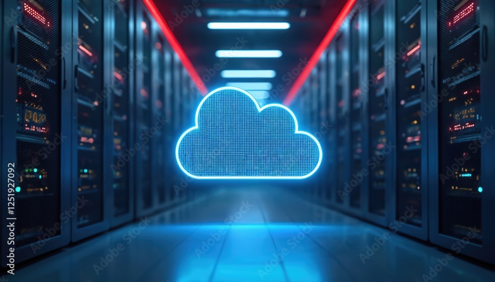 Poster Futuristic server room interior with neon lights. Cloud data storage datacenter illustration. Digital network with computer hardware, neon illumination, cyberspace security. technology background for