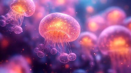 Vibrant closeup of organic cellular growth with a glassy holographic effect in bright luminous colors