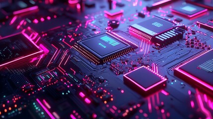 Information technology concept with integrated circuits and tech icons, showcasing future advancements