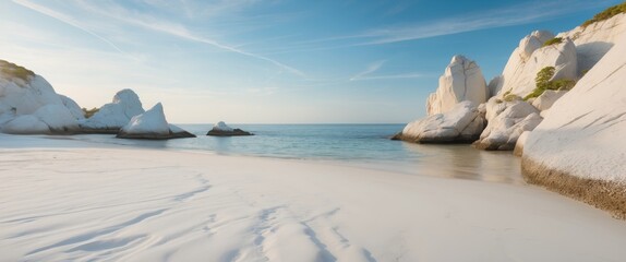 Tranquil Rocky Seascape with White Sand and Clear Blue Sky on a Summer Day Ideal for Travel and Nature Themes