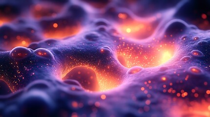 Mesmerizing artistic rendering of microscopic structures pulsating with light in radiant purple and orange hues