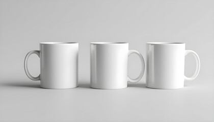 Tres tazas de cerámica blancas alineadas en un fondo gris neutro