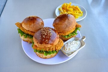 Big tasty burger with beef cutlet on a plate. Hamburger, cheeseburger with mushroom. Hamburger, Mexica, mushroom double burger.  Crispy chicken burger. With french fries, patates kizartmasi.