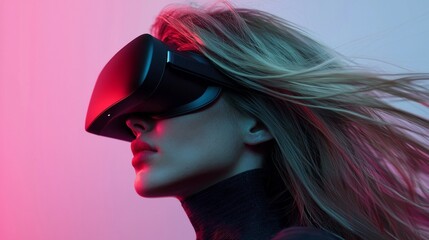 Fototapeta premium Illustration of a woman in VR glasses amidst neon space, digital art, Stock