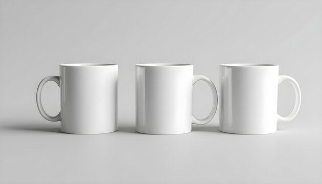 Tres tazas de cer&aacute;mica blancas alineadas en un fondo gris neutro