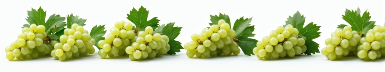 Illustration of green grapes on transparent background. Healthy fresh berries are sweet juicy dessert or snack. Wine ingredient, raw object, closeup of pile, tasty grapevine bunch with leaves.