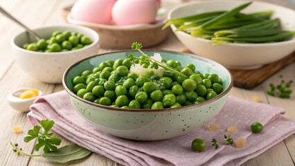 Freshly picked green peas served with herbs and garnishes in a vibrant kitchen setting during spring