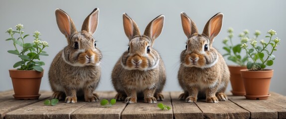 Obraz premium Three Adorable Rabbits Pose with Potted Plants on a Wooden Table