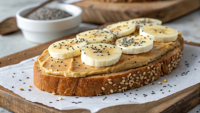 Delicious whole grain bread topped with peanut butter and banana slices, perfect for a healthy snack any time of day