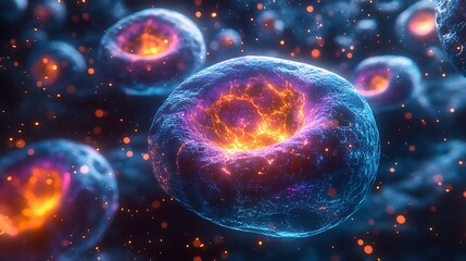Sci fi themed representation of microscopic cells resembling alien life with neon blue and fiery amber accents