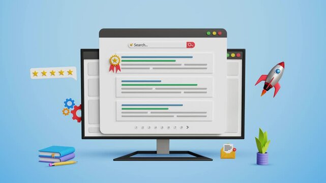 Top ranking with SEO, search engine optimization concept. Top search position, promote website, optimize web with SEO, keywords ranking, organic traffic. Web ranking page on computer. 4K 3D animation