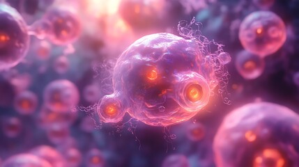 Closeup fantasy inspired depiction of dynamic living cells with pulsating iridescent light