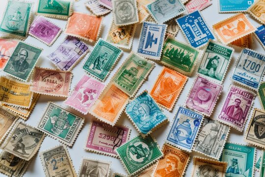 Selective focus on a collection of fictional used postage postmarks and stamps. Neural network ai generated