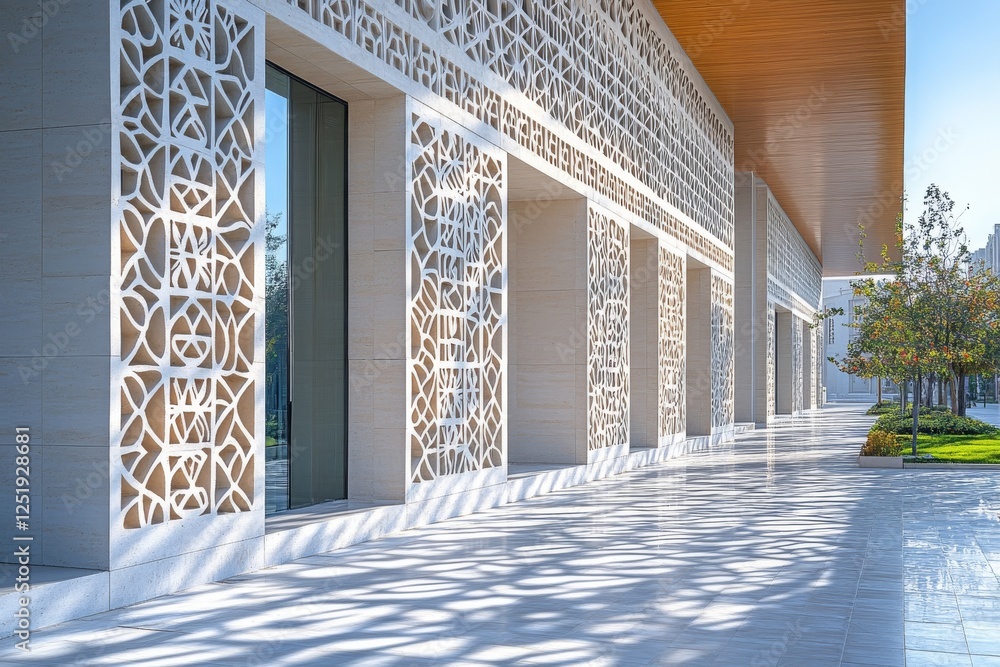 Poster geometric shadows of a modern building creating intricate patterns on the ground underneath the sunl