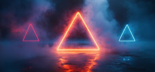 Neon triangles illuminated in foggy atmosphere at night with vibrant colors in a surreal landscape