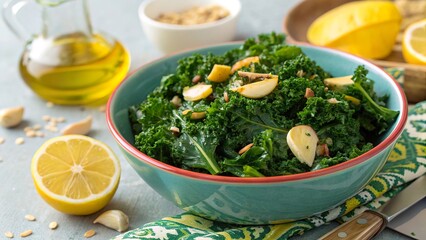 Vibrant bowl of sautéed kale with garlic and olive oil served with fresh lemon slices on a colorful table