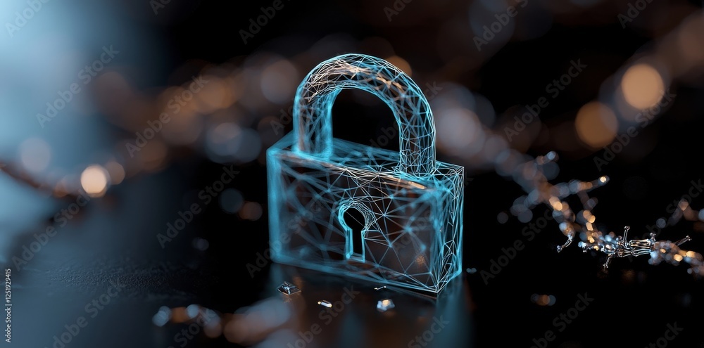 Poster electronic circuit with a futuristic neon padlock. paste text here. emblematic of cyber security, sa