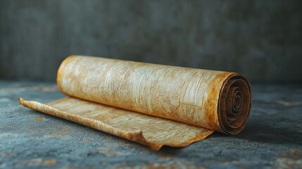 Ancient parchment scroll unfurling on rustic table, dark background, history concept