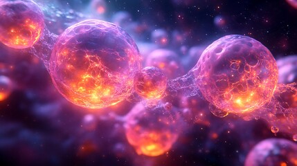 Fantasy inspired microscopic world with luminous floating cells in deep saturated neon colors