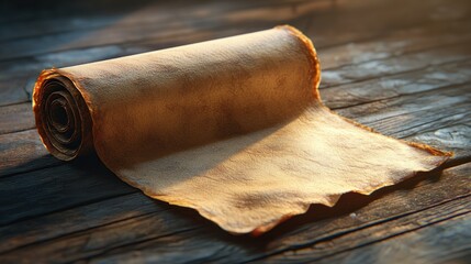 Ancient parchment scroll unfurling on wooden table, sunlight