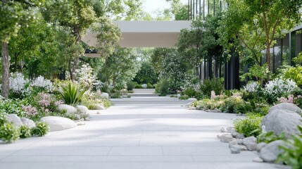 Obraz premium Peaceful urban garden path, modern building background, tranquil scene, corporate wellness