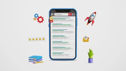 Search Engine Optimization, SEO Strategy. Achieve Top Google ranking, effective keywords, backlinks, digital marketing for business growth. Web ranking page on mobile screen. 4K 3D animation