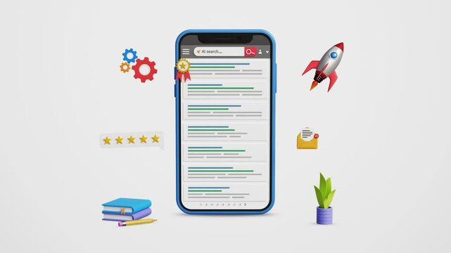 Search Engine Optimization, SEO Strategy. Achieve Top Google ranking, effective keywords, backlinks, digital marketing for business growth. Web ranking page on mobile screen. 4K 3D animation - Powered by Adobe