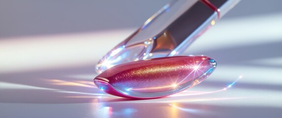 Glossy liquid texture with shimmering lip gloss on surface.