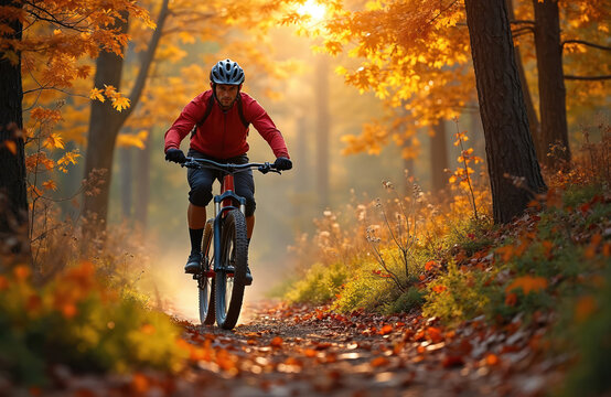 Man rides mountain bike on trail through autumn forest with fallen colorful leaves. Sunny scenic landscape. Cyclist biking down rocky path. Active sport lifestyle and outdoor adventure concept.