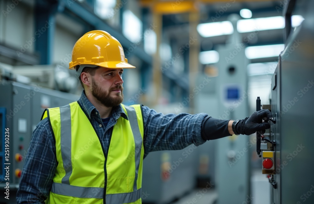 Poster man works at factory wearing safety helmet and vest operating machine with control panel. young tech