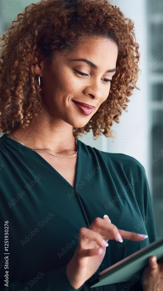 Poster tablet, business and woman with typing, thinking and problem solving with online reading. happy pers