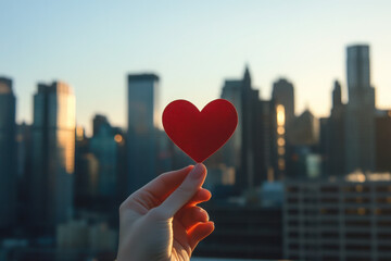 hand holding heart on New York city background showing love charity support compassion, helping friend in need, Valentine's Day concept 