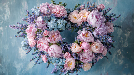 Heart-shaped wreath of lavender and peonies in soft pastel tones