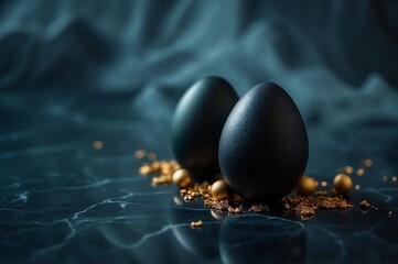 two elegant black Easter eggs on a black marble surface with gold accents