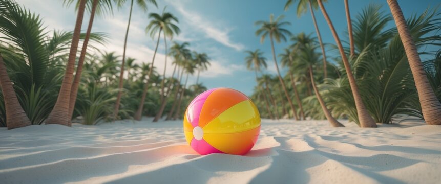 Vibrant beach ball resting on sandy shore surrounded by lush palm trees and tropical vibes