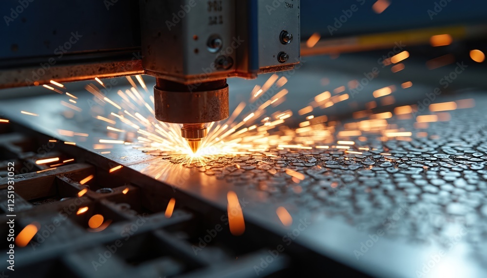 Leinwandbilder laser cuts metal with sparks. fiber laser tech enables precise processing in factory. steel gets sha