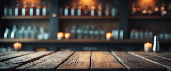 Rustic wooden table in a cozy bar setting with dark decor and bar offerings in the background