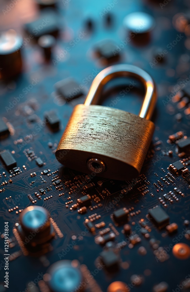 Aufkleber close-up of golden padlock on circuit board. tech security concept represents protection of sensitiv