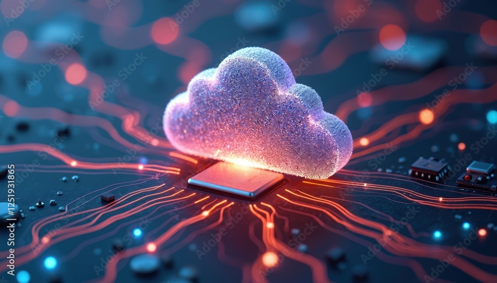 Aufkleber cloud computing tech concept with circuit board. data flows to the cloud from computer hardware and 