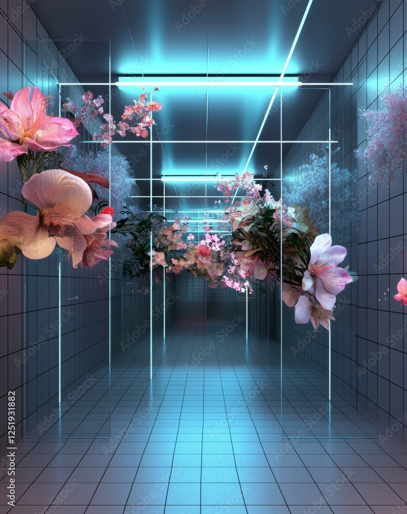 Aufkleber abstract neon lights in a 3d environment create an empty space scene illuminated by a spotlight, wit