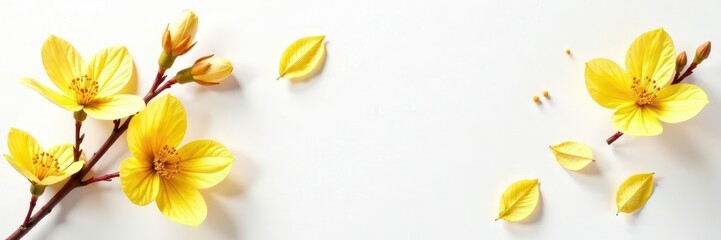 Fototapeta premium white background with golden hazel flower sprigs, flowers, petals, hazel