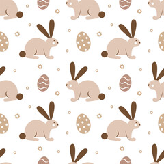 Seamless pattern with brown bunnies and easter eggs on a white background