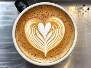Warm latte art heart in coffee cup with soft foam texture, perfect for cozy moments